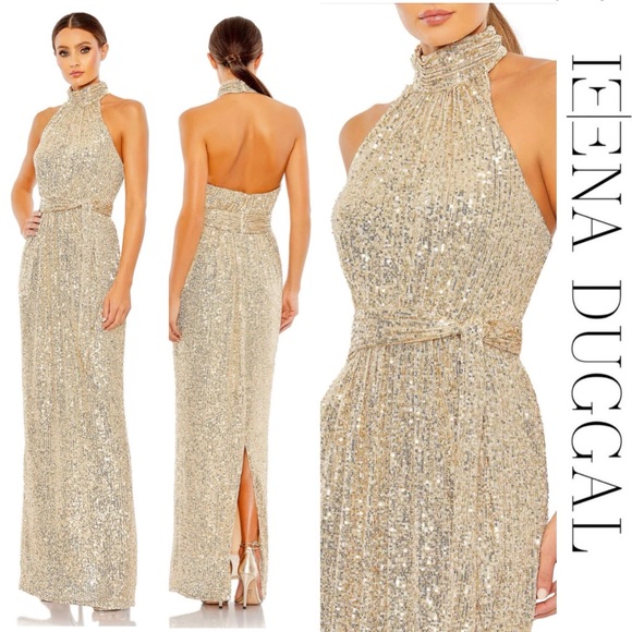 Ieena x Mac Duggal - Champagne Sequined Halter Neck Belted Soft Tie Dress